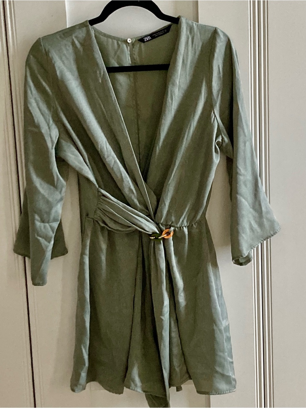 Zara Sage Green Satin Wrap Romper with Gold Accent